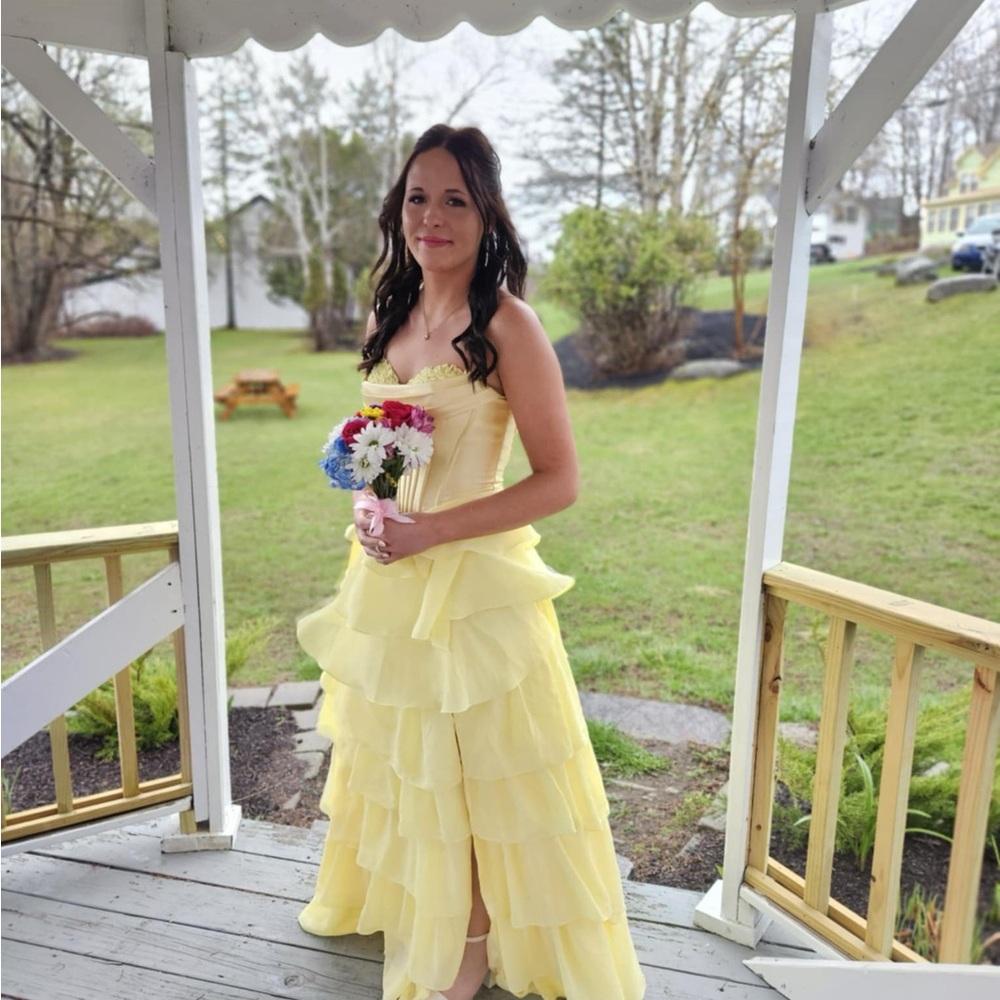 Yellow Strapless Ruffled Gown